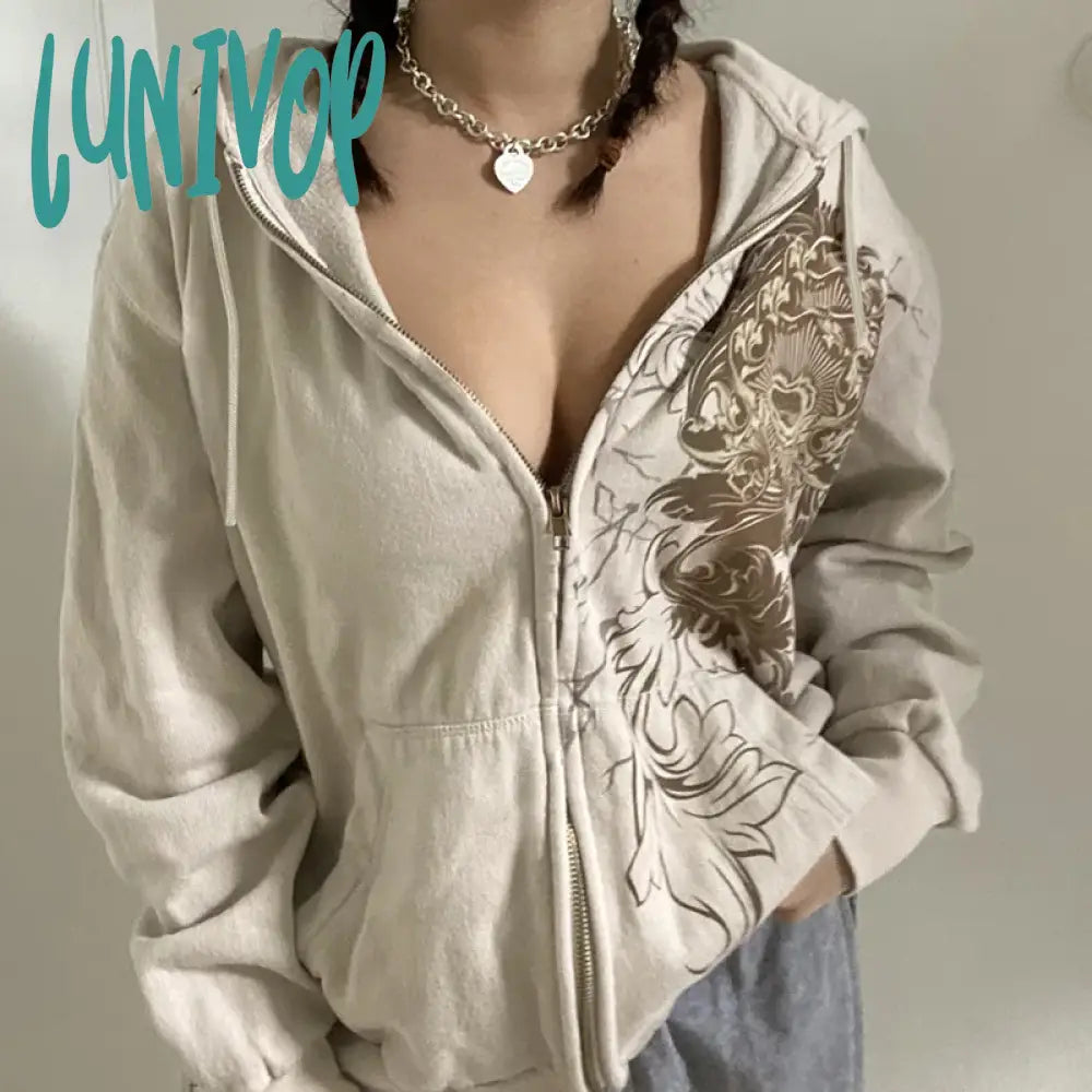 Lunivop Y2k Zip Up Hoodie Women Vintage 2000s Oversize Hooded Sweatshirts Graphic Grunge Streetwear Jacket Aesthetic Top Warm Hoodie Sweatshirt