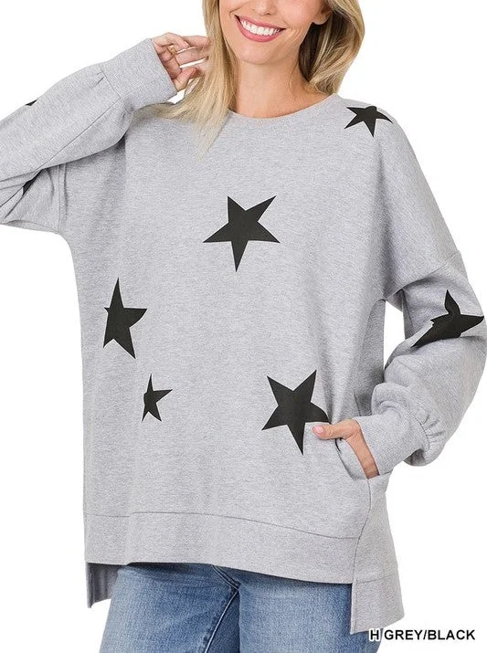 OT-4029AB Zenana Star Print Hi-Low Sweatshirt Women’s Hoodie with Logo