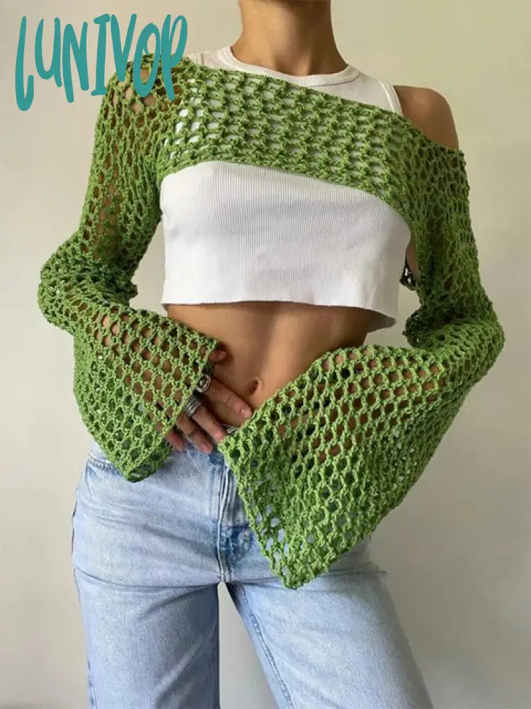 Lunivop Summer Y2k Crochet Knit Hollow Out Tops Vintage Mesh Top Grunge Clothes 2000s Aesthetic Mesh Sweatshirt Crop Top for Women Warm Sweatshirts for Women