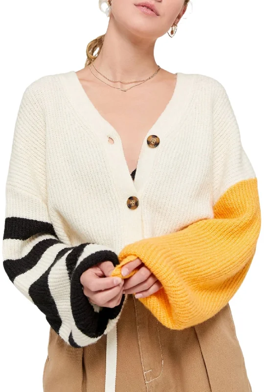 TMD Ivory/Gold Piper Balloon Sleeve Cardigan Cozy Zip Hoodie