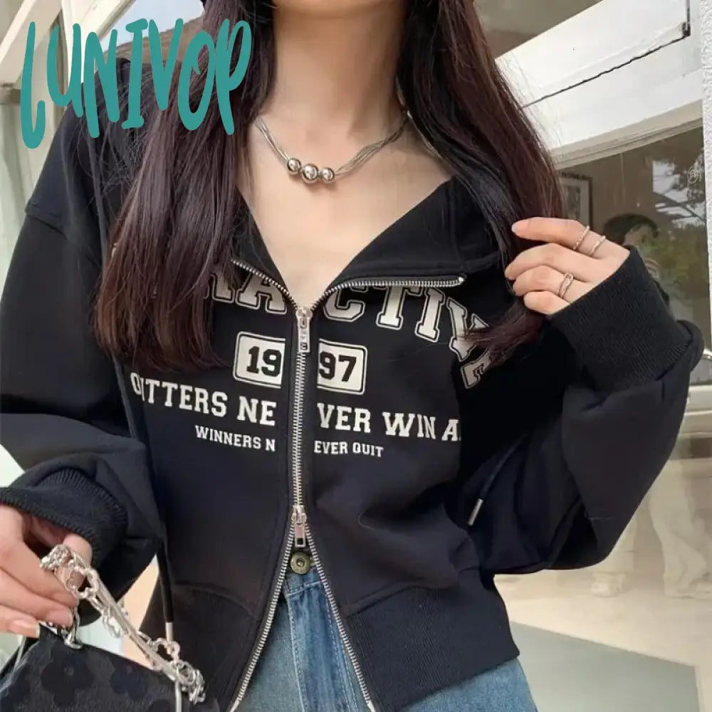 Lunivop Harajuku Vintage Letter Printed Hoodie Y2k Korean Sweatshirts Women  Spring Long Sleeve Jacket Hip Hop Zip Up Cardigan Top Cotton Hoodie Sweatshirt