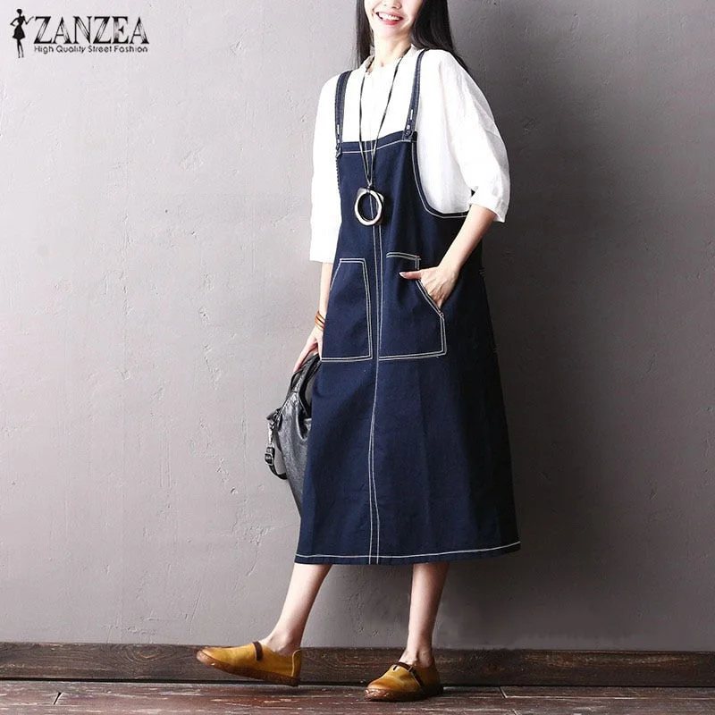 2019 Summer Women Elegant Office Work Denim Blue Dress ZANZEA Casual Loose Pockets Overalls Vestido Beach Robe Femme Plus Size Comfy Satin Gown