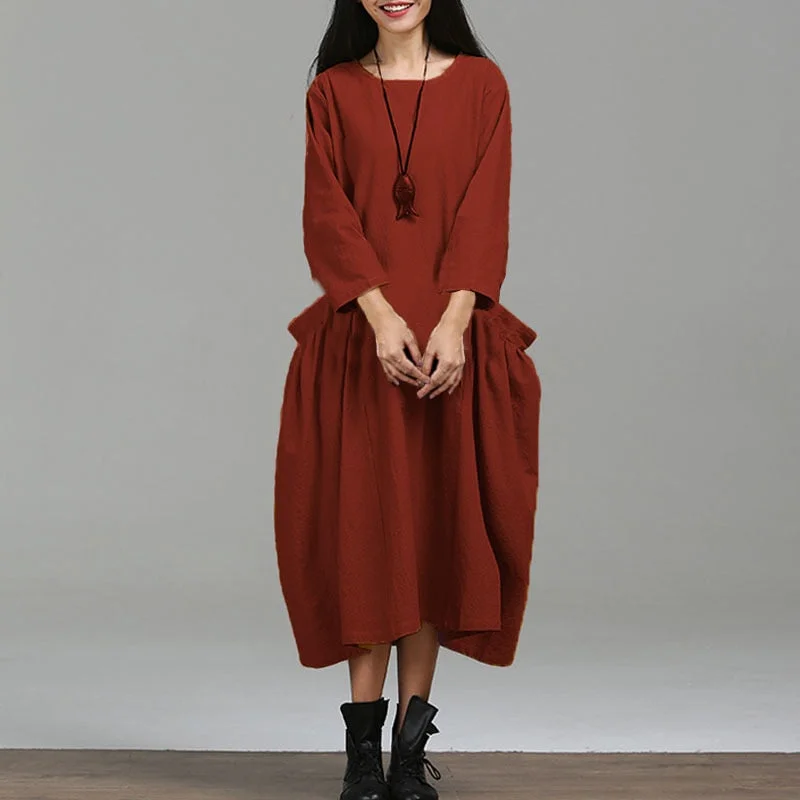 2019 Women Autumn Dress Plus Size Vintage Cotton Dresses Casual Loose O Neck Solid Female Fashion Robe Female Vestido Satin Gown Robe