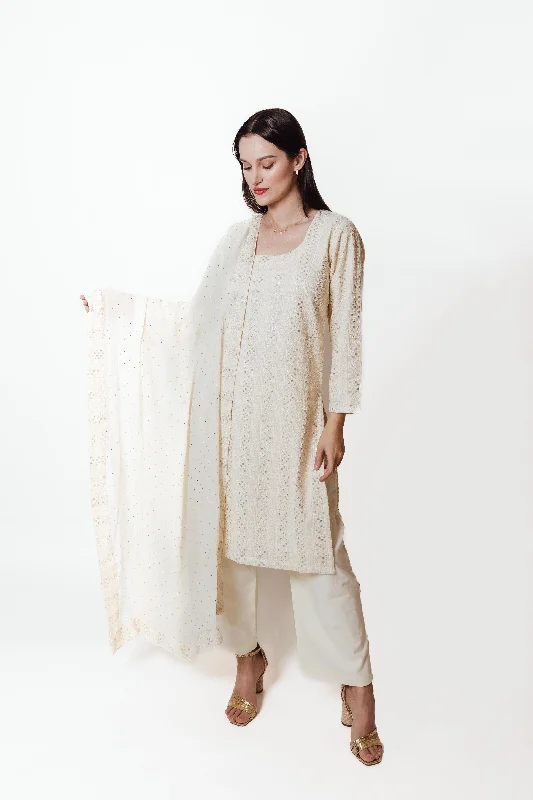 Daniella Cream Salwar Suit With Chikankari and Mukaish Silk Bathrobe Set