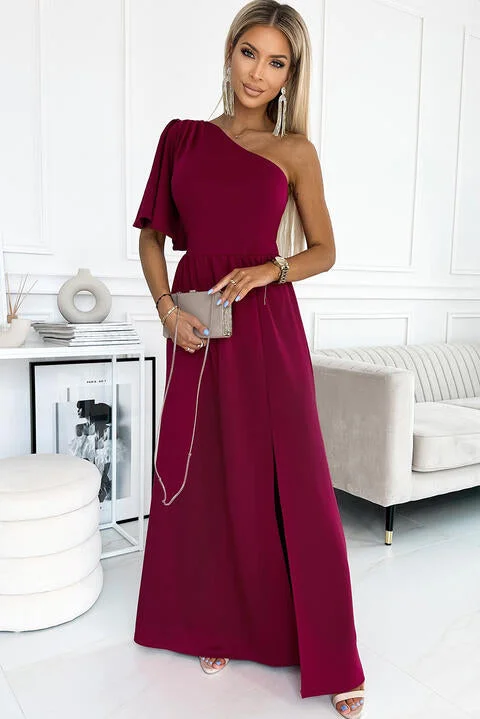 One shoulder Flutter sleeves Slit Dress Satin Lace Set