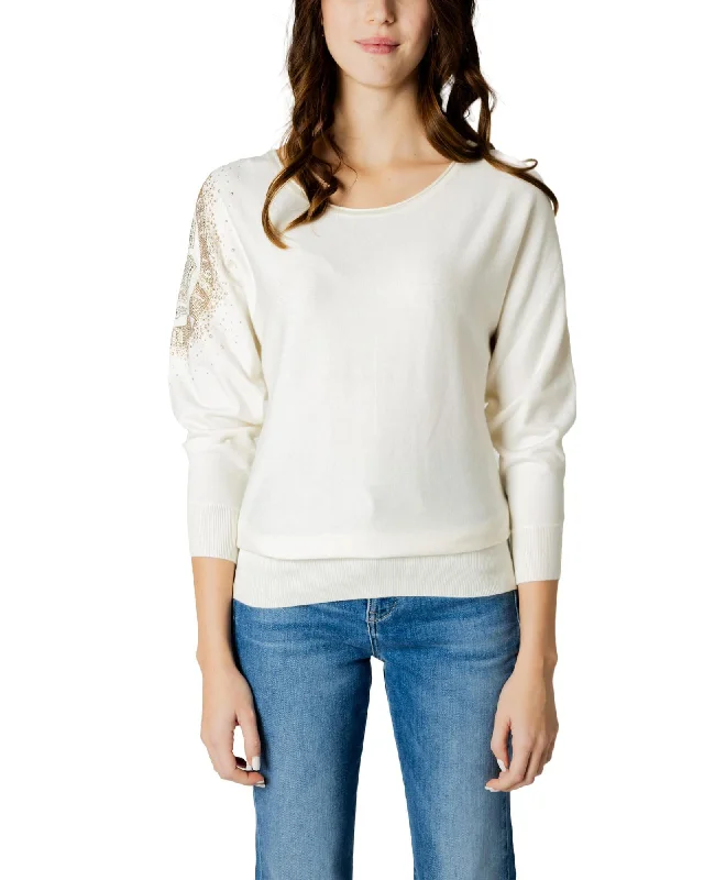 Guess  Womens Long Sleeve Knit Sweater with Glitter Detail White Fashionable sweaters