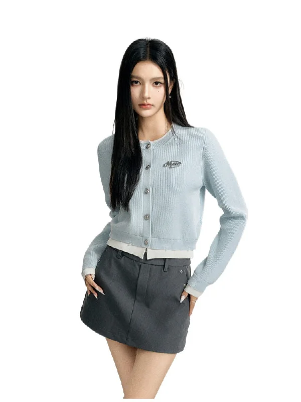 Blue & Gray Color-blocked Cropped Cardigan Water-resistant sweaters