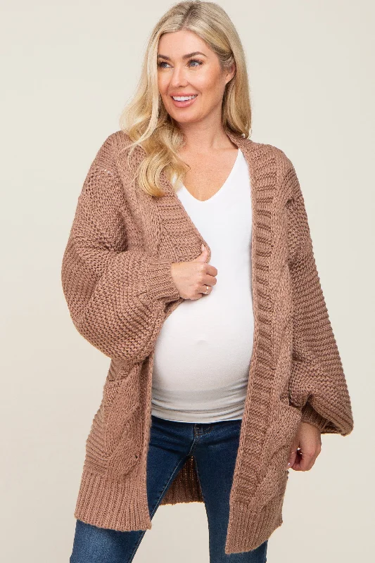 Brown Cable Knit Front Pocket Maternity Cardigan College sweaters