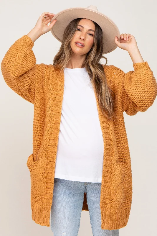 Camel Cable Knit Front Pocket Maternity Cardigan Best sweaters for fall