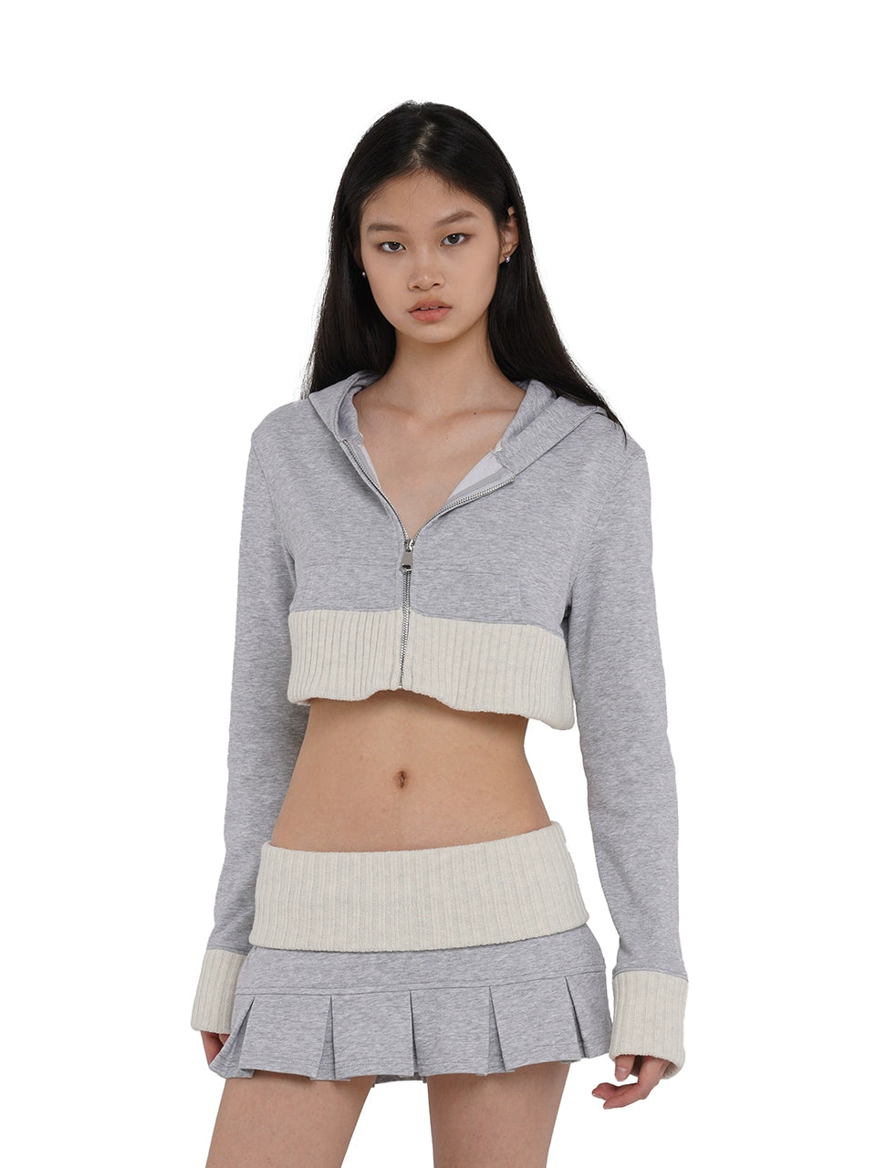 Gray Patchwork Cropped Hoodie Silk-blend sweaters