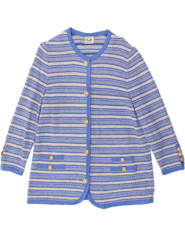 LIOLA Womens 3/4 Sleeve Cardigan Sweater UK 14 Medium Blue Striped Cotton Oversized sweaters