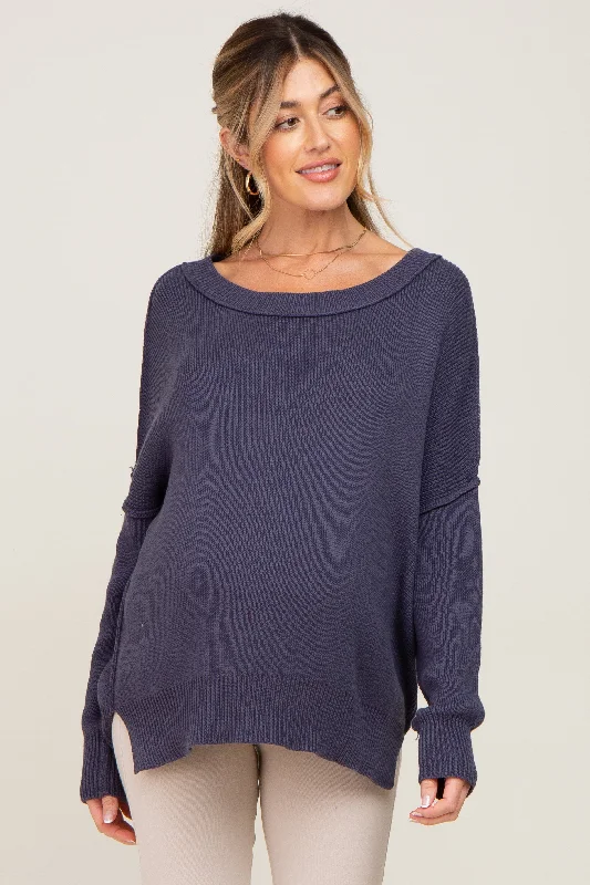 Navy Exposed Seam Side Slit Maternity Sweater Sporty sweaters