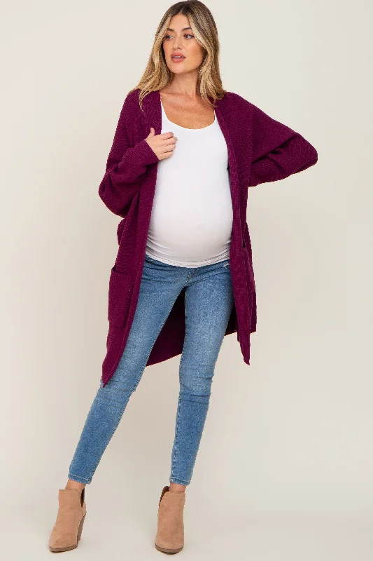 Plum Pocketed Knit Maternity Cardigan V-neck sweaters