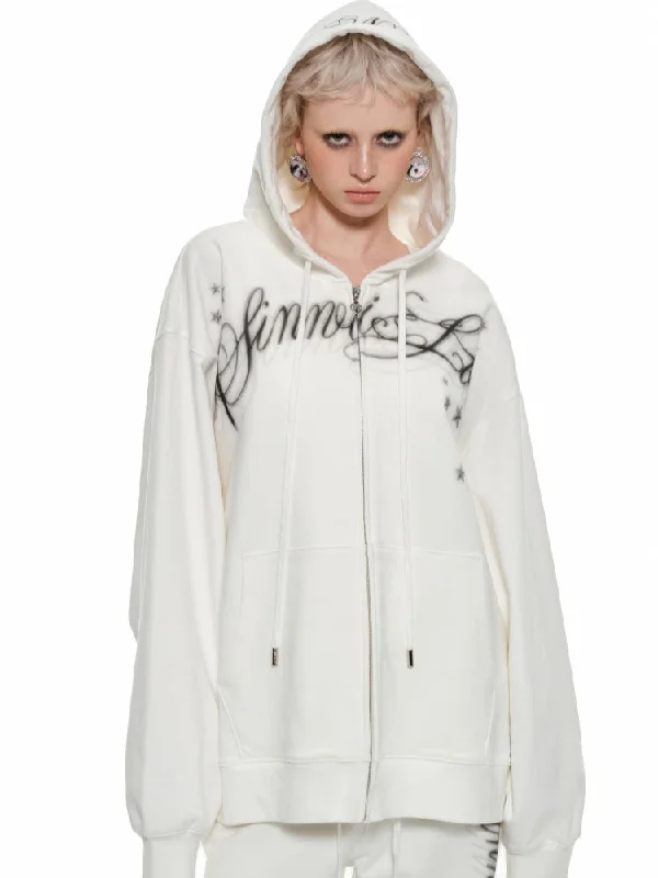 Spray-painted Letter Print Loose Zip-up Hoodie Boho-style sweaters