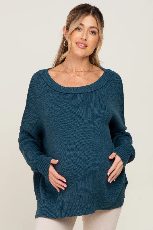 Teal Exposed Seam Side Slit Maternity Sweater Oversized sweaters