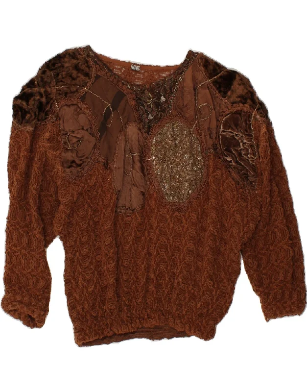 VINTAGE Womens Boat Neck Jumper Sweater UK 12 Medium Brown Viscose Christmas sweaters