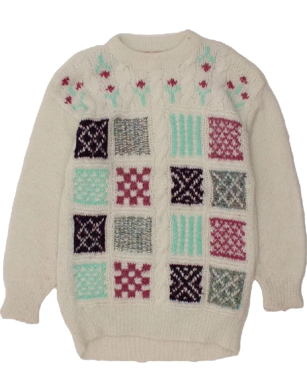 VINTAGE Womens Crew Neck Jumper Sweater UK 20 2XL White Patchwork Best sweaters for casual wear