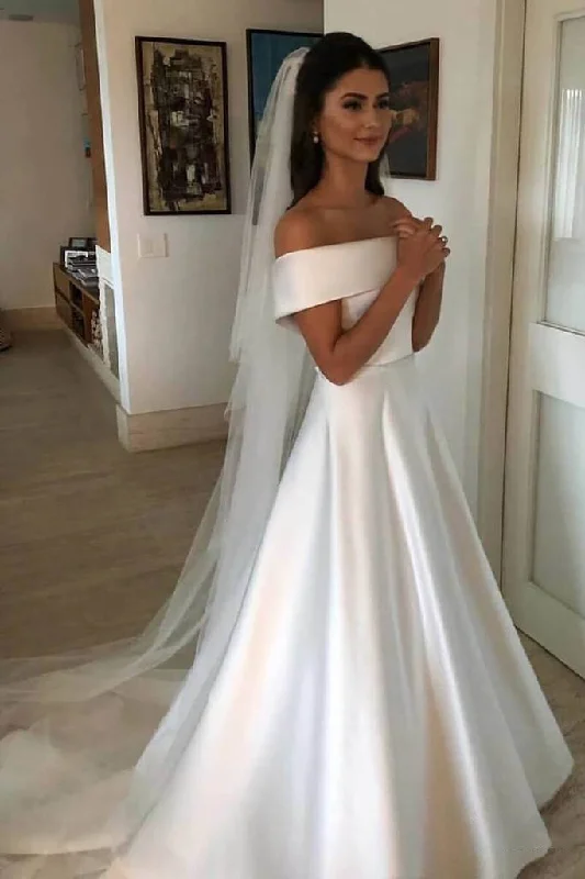 A Line Satin Off the Shoulder Ivory Wedding Dresses Short Sleeves Wedding Gowns WK493 Sparkling Bridal Gown