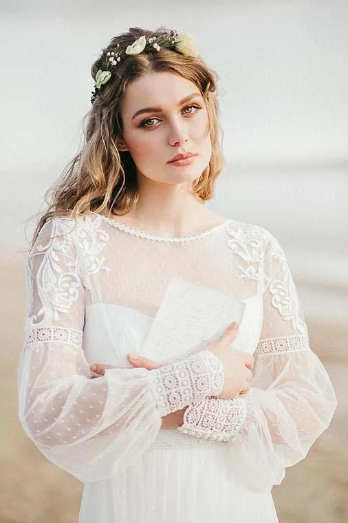 A Line See Through Long Sleeve Lace Appliqued Ivory Beach Wedding Dresses WK382 A-line Wedding Gown