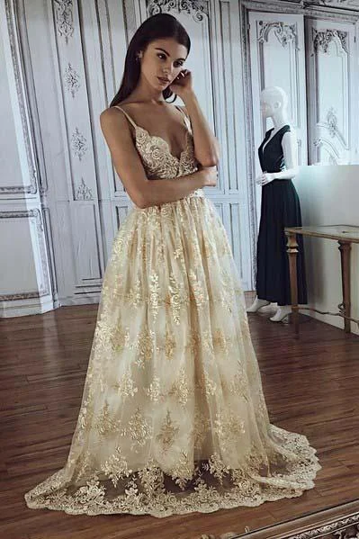 A line Spaghetti Straps Deep V Neck Lace Appliques Wedding Dresses Bridal Dresses WK935 Lace Boho Dress