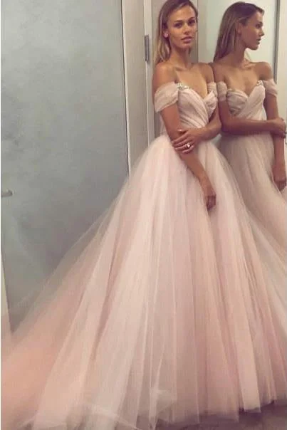 A Line Sweetheart Beaded Off the Shoulder Pink Long Prom Dresses Wedding Dress WK132 Ruffled Wedding Dress