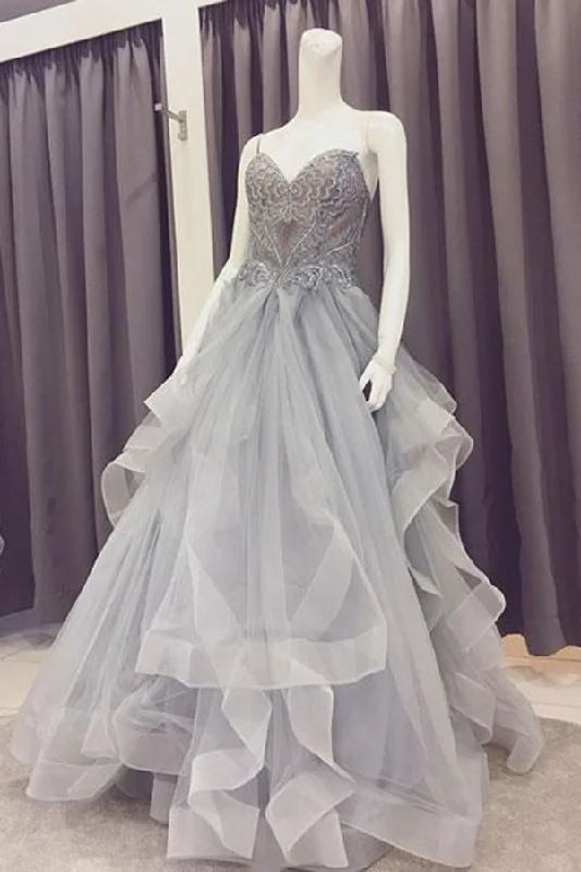 A Line Sweetheart Beads Organza Gray Lace Appliques Strapless Cheap Prom Dresses WK818 Beautiful Bridal Gown