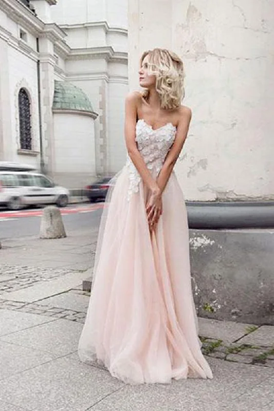 A Line Sweetheart Tulle Pink Prom Dresses with Appliques Beach Wedding Dresses WK970 Glitter Wedding Dress