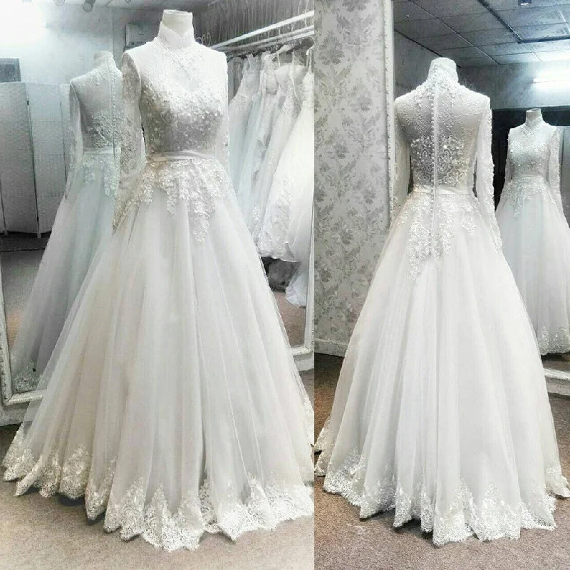 Charming High Neck Long Sleeves Lace Applique Luxury Long Wedding Bridal Ball Gown, WG630 Beaded Bridal Gown