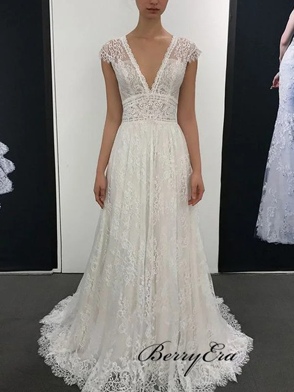 Deep V-neck Wedding Dresses, Cap Sleeves Wedding Dresses, Popular Lace Bridal Gowns Chic Bridal Gown