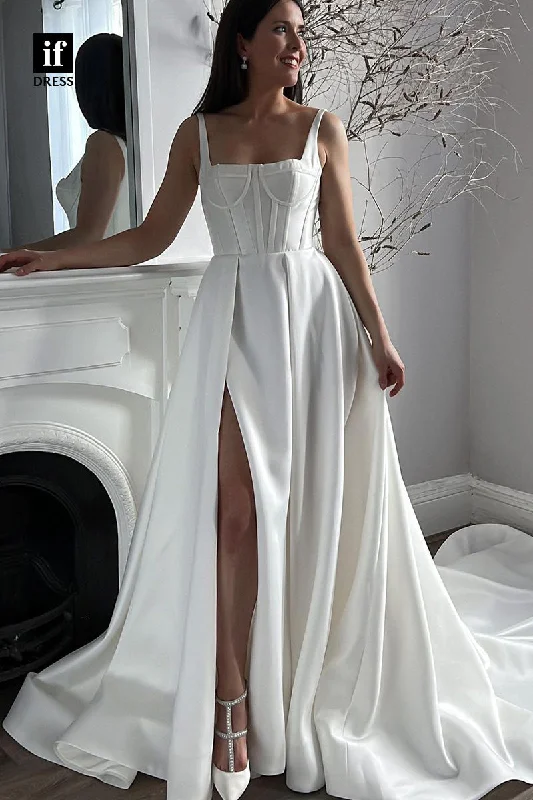 71040 - Classic Double Straps Side Slit A-line Bohemian Wedding Dress Elegant Satin Dress