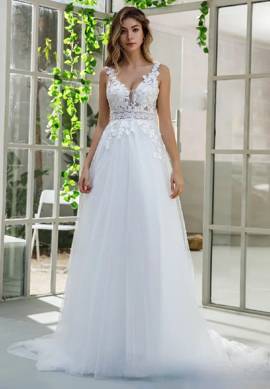 Inspired Lace A-line Wedding Dress With Slit Tulle Skirt Beaded Bridal Gown