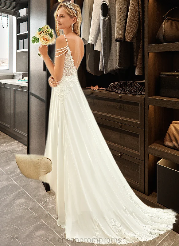 Izabella A-Line V-neck Sweep Train Chiffon Lace Wedding Dress With Beading Sequins STIP0013681 Princess Bridal Dress