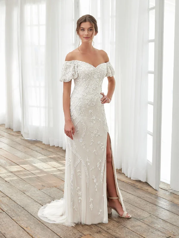 Off Shoulder Slit Bridal Dress by Adrianna Papell 40405 Beaded Wedding Gown