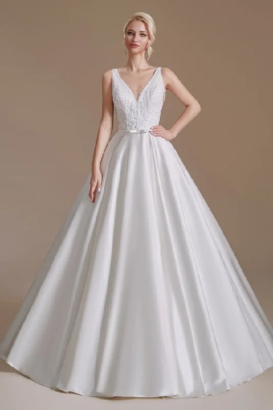 Satin A-Line Wedding Dress Long V-neck With Appliques Lace Romantic Lace Dress