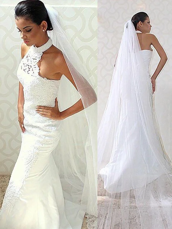 Trumpet/Mermaid Halter Sweep/Brush Train Satin Sleeveless Wedding Dresses TPP0006603 Open Back Dress