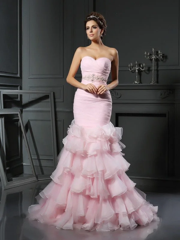 Trumpet/Mermaid Sweetheart Beading Sleeveless Long Organza Wedding Dresses TPP0006632 Soft Lace Gown