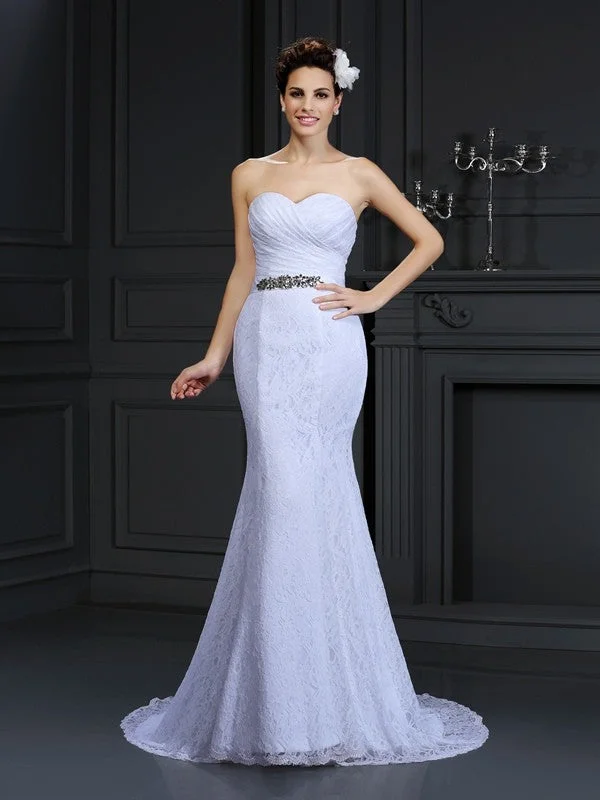 Trumpet/Mermaid Sweetheart Sleeveless Long Lace Wedding Dresses TPP0006624 Satin Lace Gown