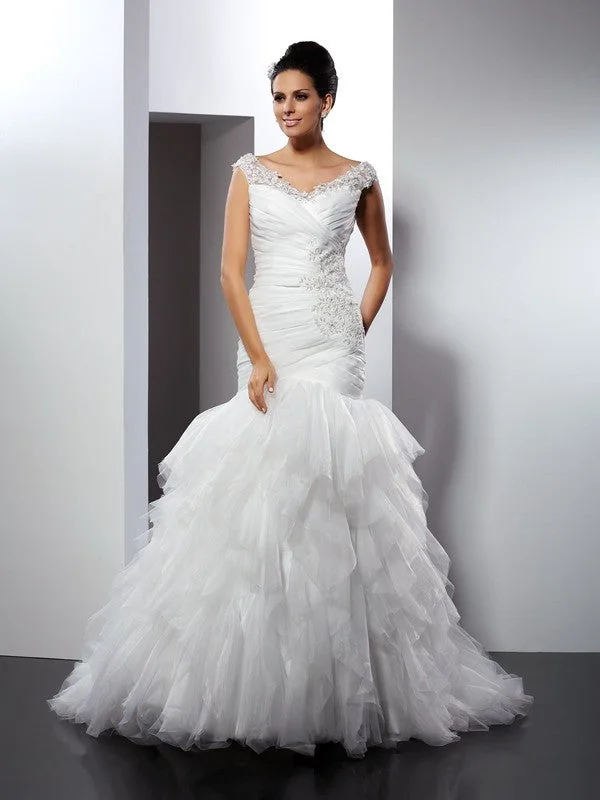 Trumpet/Mermaid V-neck Applique Sleeveless Long Tulle Wedding Dresses TPP0006631 Simple Wedding Gown