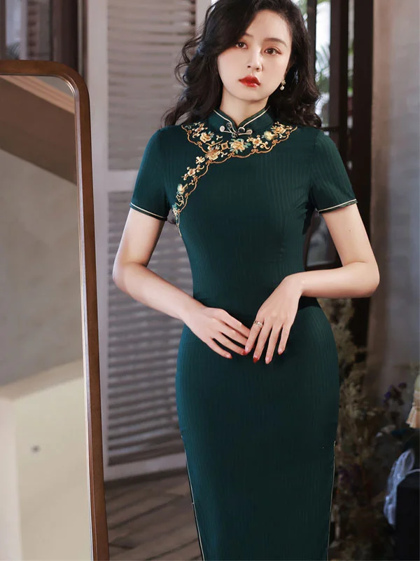 2022 Embroidered Green Blue Midi Cheongsam Qi Pao Dress Wrap midi dresses