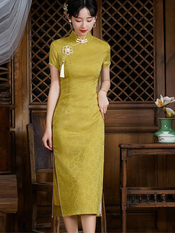 Yellow Jacquard Floral Midi Qi Pao Cheongsam Dress Versatile midi dresses for all occasions