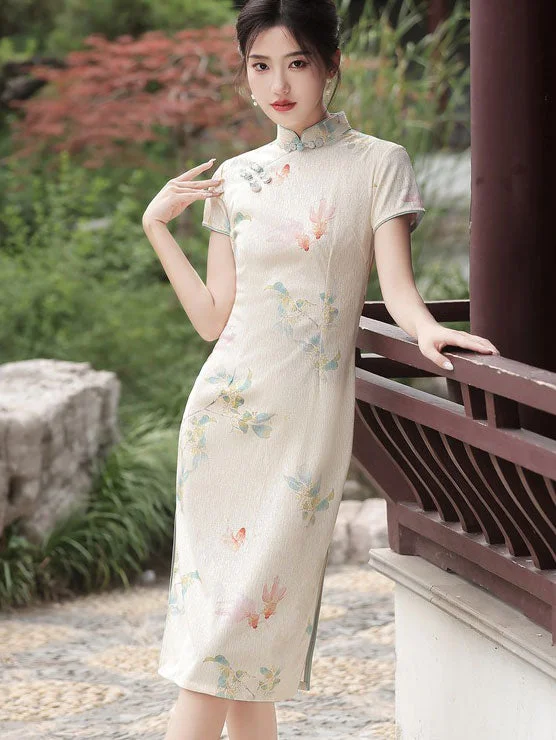 2023 Beige Floral Print Midi Cheongsam Qipao Dress Luxury midi dresses