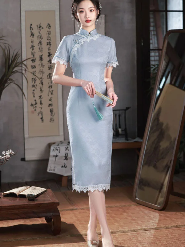 2023 Blue Jacquard Midi Cheongsam Qipao Dress Boohoo midi dresses