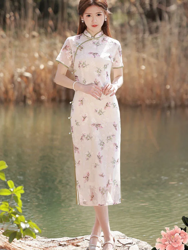 2023 Floral Print Chiffon Midi Qipao Cheongsam Dress Luxury midi dresses