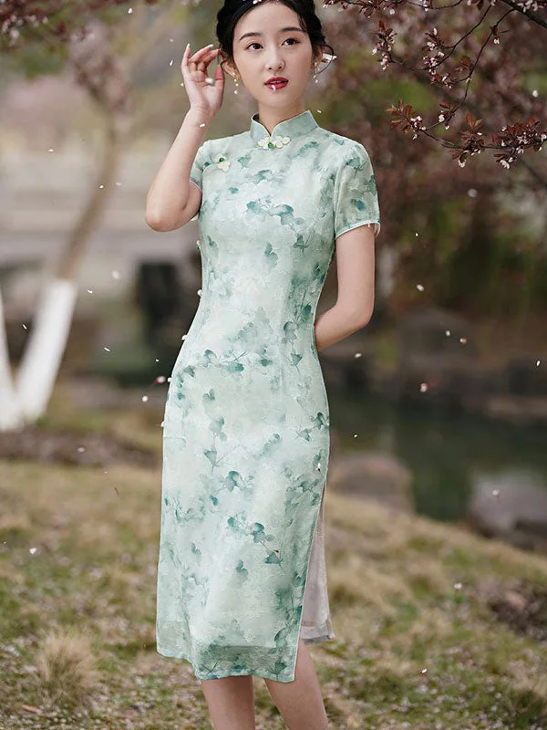 2024 Green Floral Midi Qipao Cheongsam Dress Must-have midi dresses for this season