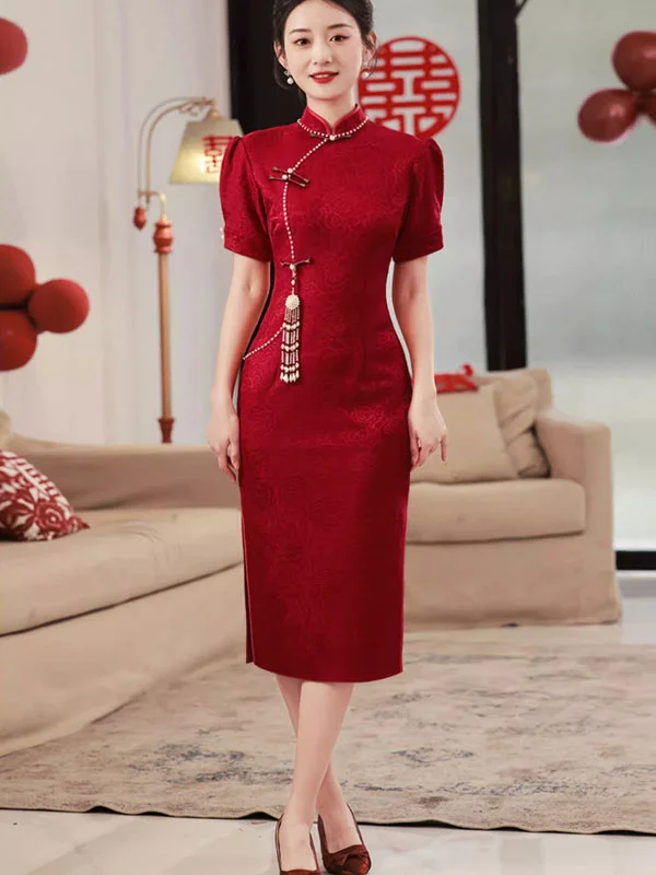 2023 Red Jacquard Floral Midi Wedding Cheongsam Qipao Dress Chiffon midi dresses