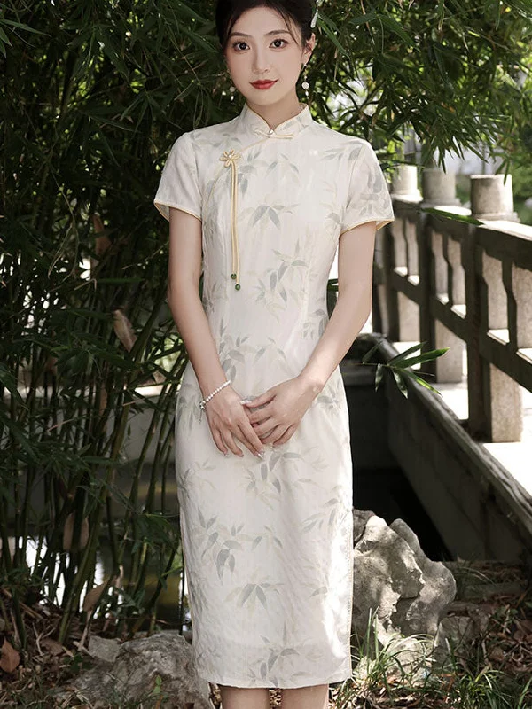 2023 White Bamboo Print Midi Cheongsam Qipao Dress Formal midi dresses