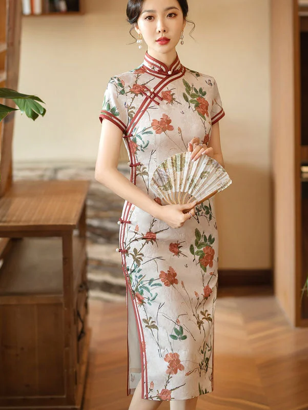 2024 Floral Print Midi Cheongsam Qi Pao Dress Glamorous midi dresses