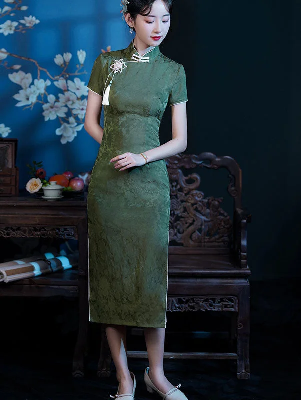 Green Jacquard Modern Midi Cheongsam Qipao Dress Vintage midi dresses