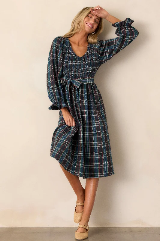 All Spruced Up Black Multi Plaid Midi Dress Best midi dresses for petites