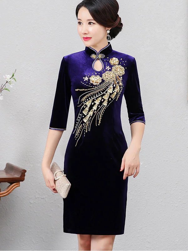 Beaded Velvet Mothers Midi Cheongsam Qi Pao Dress Formal midi dresses